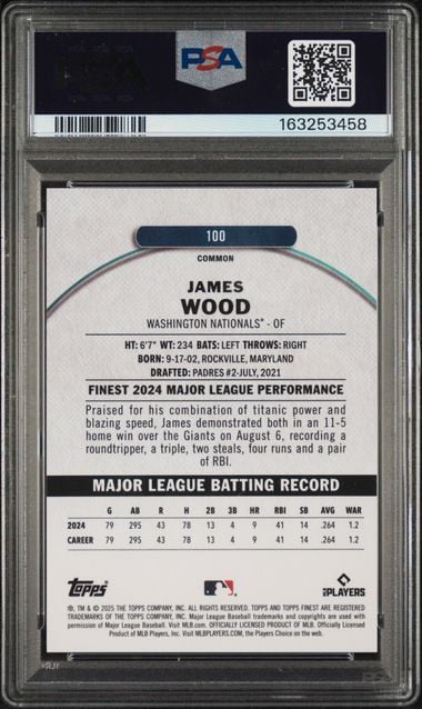 Graded 2025 Topps Finest James Wood #100 Gold Refractor /50 Rookie RC Baseball Card PSA 10 Gem Mint