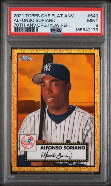 Graded 2021 Topps Chrome Alfonso Soriano #549 70th Anniversary Orange Yellow Refractor /25 Baseball Card PSA 9 Mint