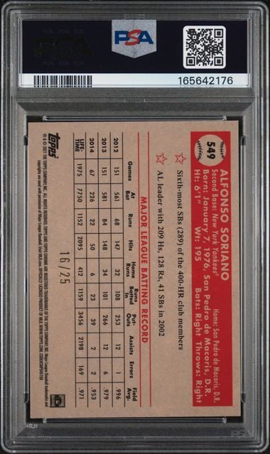 Graded 2021 Topps Chrome Alfonso Soriano #549 70th Anniversary Orange Yellow Refractor /25 Baseball Card PSA 9 Mint