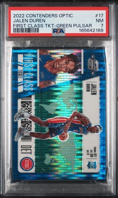 Graded 2022 Panini Contenders Optic Jalen Duren #17 First Class Ticket Green Pulsar /25 Rookie RC Basketball Card PSA 7 NM