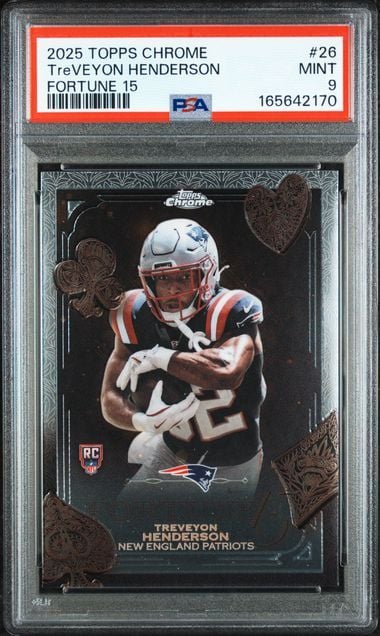 Graded 2025 Topps Chrome Treveyon Henderson #26 Fortune 15 Rookie RC Football Card PSA 9 Mint