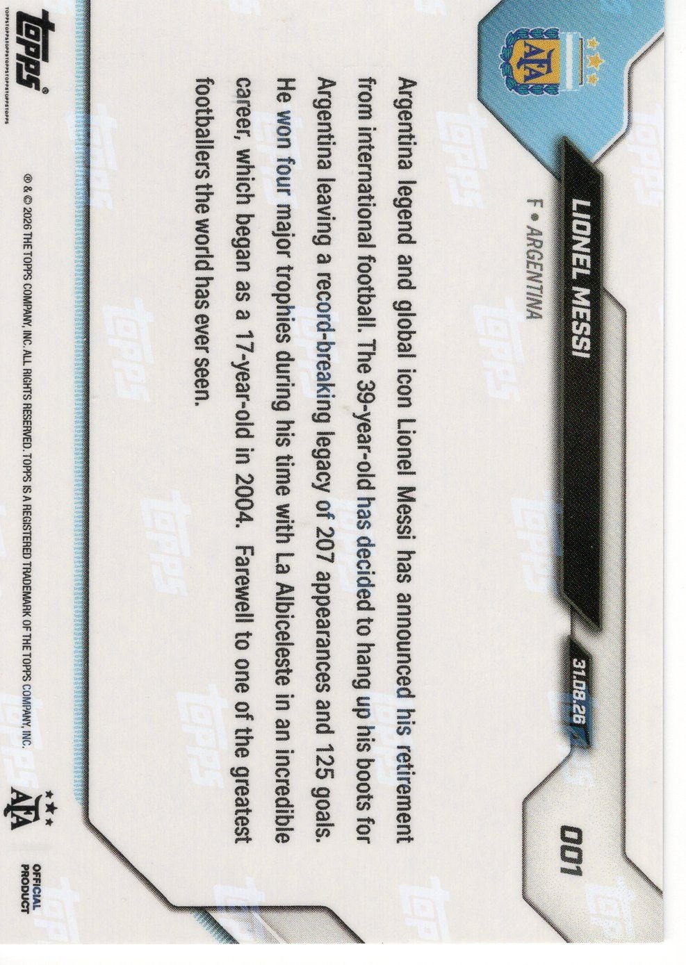 2026 Topps Now Lionel Messi #001 Gold Foil /50 The End of An Era - Messi Retires From International Football Argentina Soccer Card
