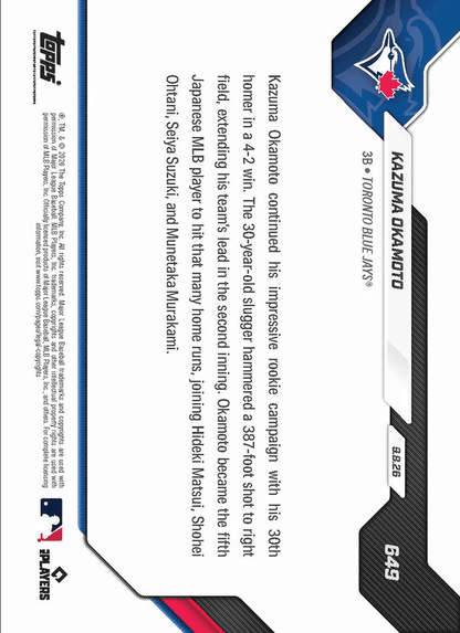 2026 Topps Now Kazuma Okamoto #649 Black Foil /10 5th Japanese Player to Record 30 Home Run Season Toronto Blue Jays Rookie RC Baseball Card