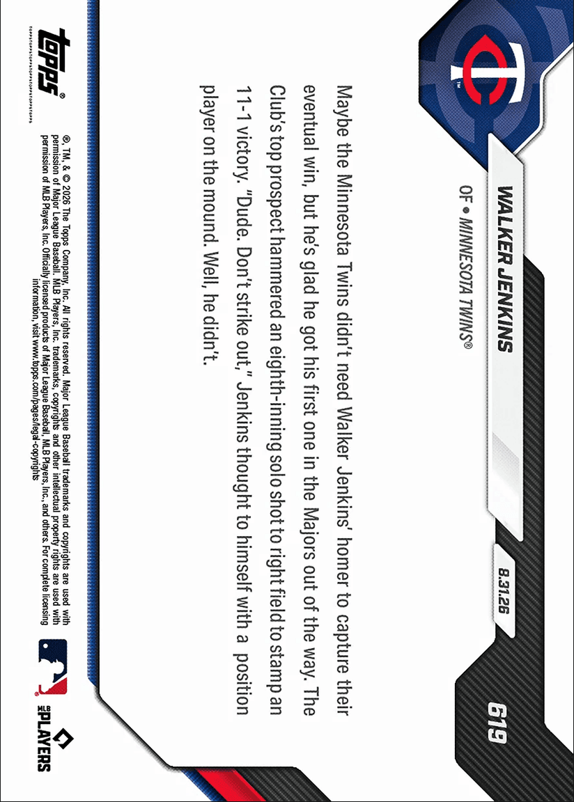 2026 Topps Now Walker Jenkins #619 Gold Foil /50 Twins Top Prospect Slugs 1st Career MLB Home Run Minnesota Twins Rookie RC Baseball Card