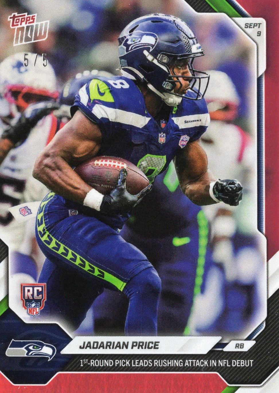 2026 Topps Now Jadarian Price #3 Red Foil /5 1st Round Pick Leads Rushing Attack in NFL Debut Seattle Seahawks Rookie RC Football Card