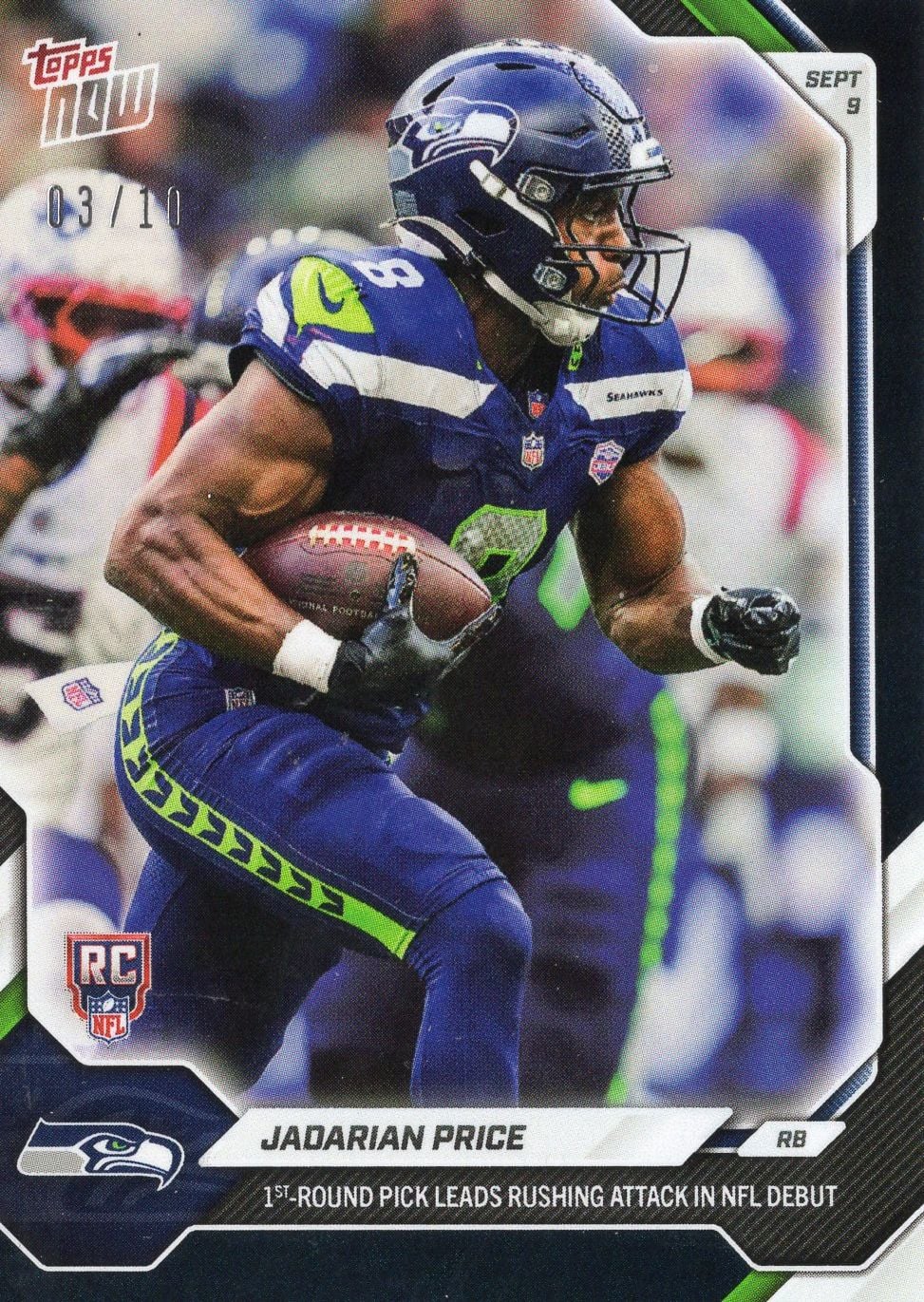 2026 Topps Now Jadarian Price #3 Black Foil /10 1st Round Pick Leads Rushing Attack in NFL Debut Seattle Seahawks Rookie RC Football Card