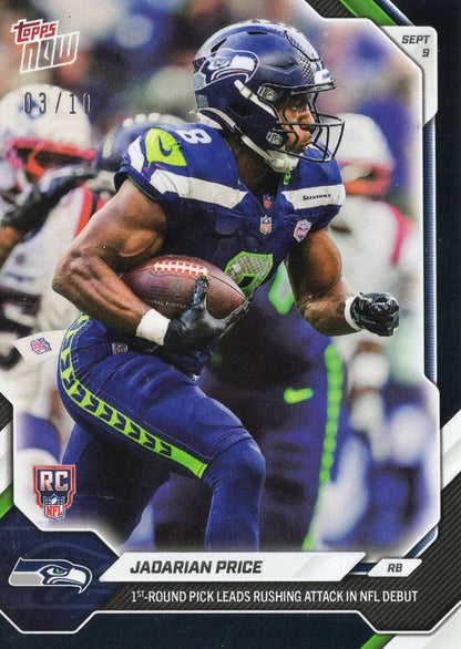 2026 Topps Now Jadarian Price #3 Black Foil /10 1st Round Pick Leads Rushing Attack in NFL Debut Seattle Seahawks Rookie RC Football Card