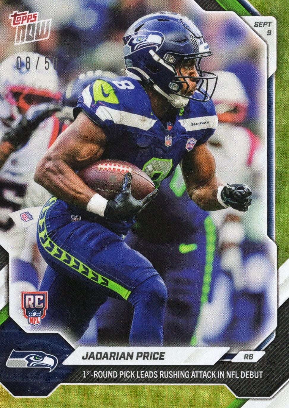 2026 Topps Now Jadarian Price #3 Gold Foil /50 1st Round Pick Leads Rushing Attack in NFL Debut Seattle Seahawks Rookie RC Football Card