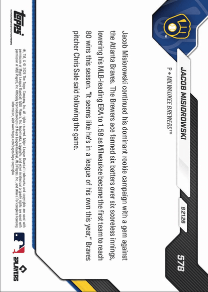 2026 Topps Now Jacob Misiorowski #578 Orange Foil /25 Twirls 6 Scoreless IP as Brewers are 1st to 80 Wind Milwaukee Brewers Rookie RC Baseball Card