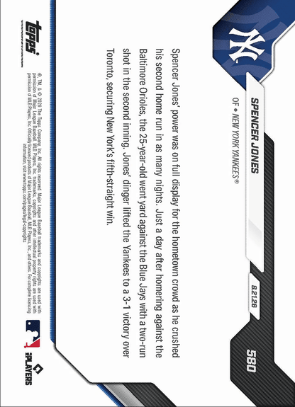 2026 Topps Now Spencer Jones #580 Orange Foil /25 HR in Back to Back Games Extends Win Streak to 5 New York Yankees Rookie RC Baseball Card