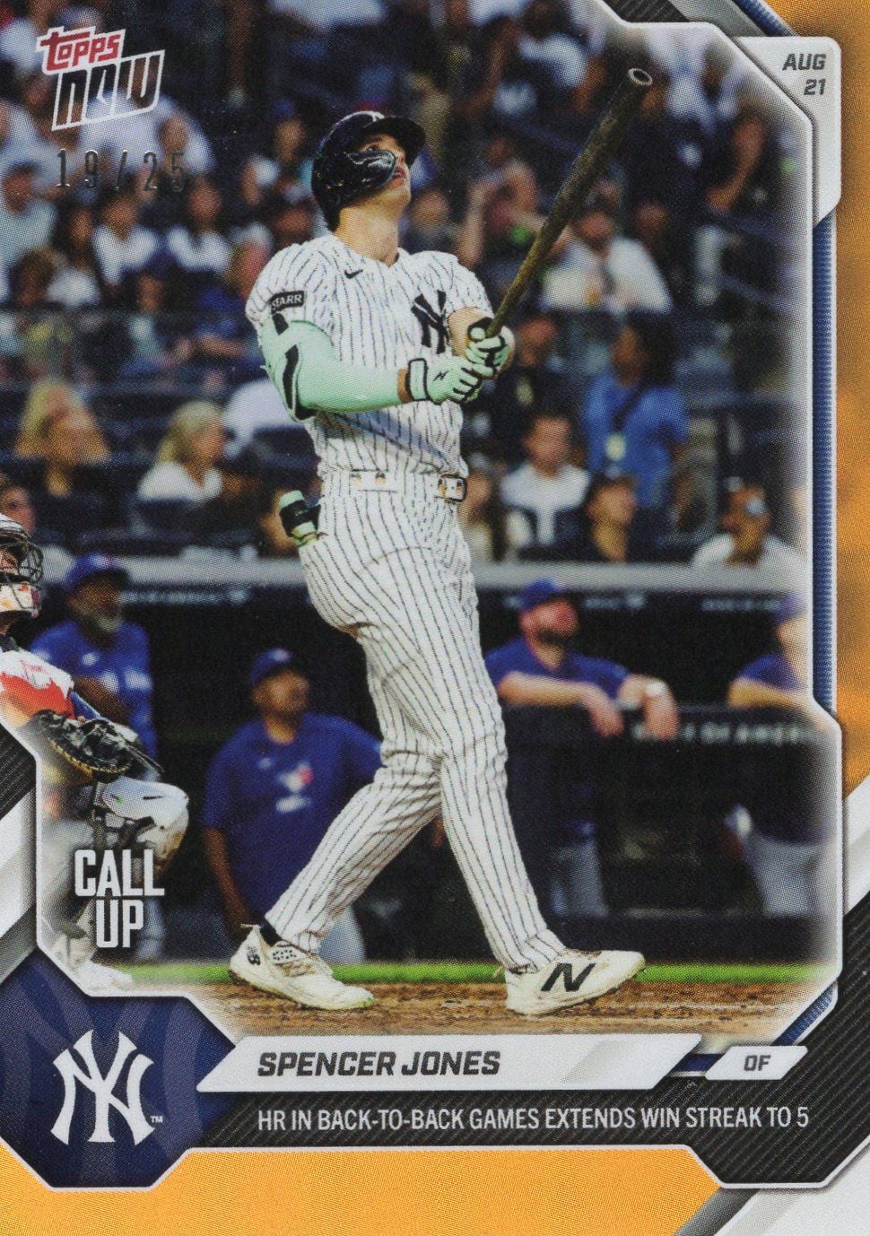 2026 Topps Now Spencer Jones #580 Orange Foil /25 HR in Back to Back Games Extends Win Streak to 5 New York Yankees Rookie RC Baseball Card
