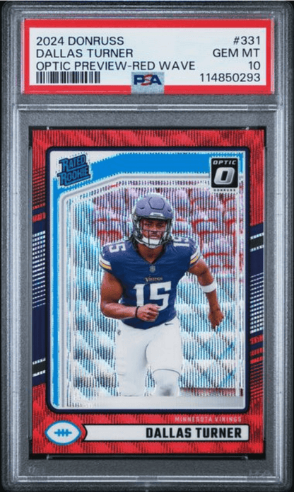 Graded 2024 Panini Donruss Dallas Turner #331 Optic Preview Red Wave Rookie RC Football Card PSA 10 Gem Mint