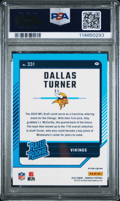 Graded 2024 Panini Donruss Dallas Turner #331 Optic Preview Red Wave Rookie RC Football Card PSA 10 Gem Mint