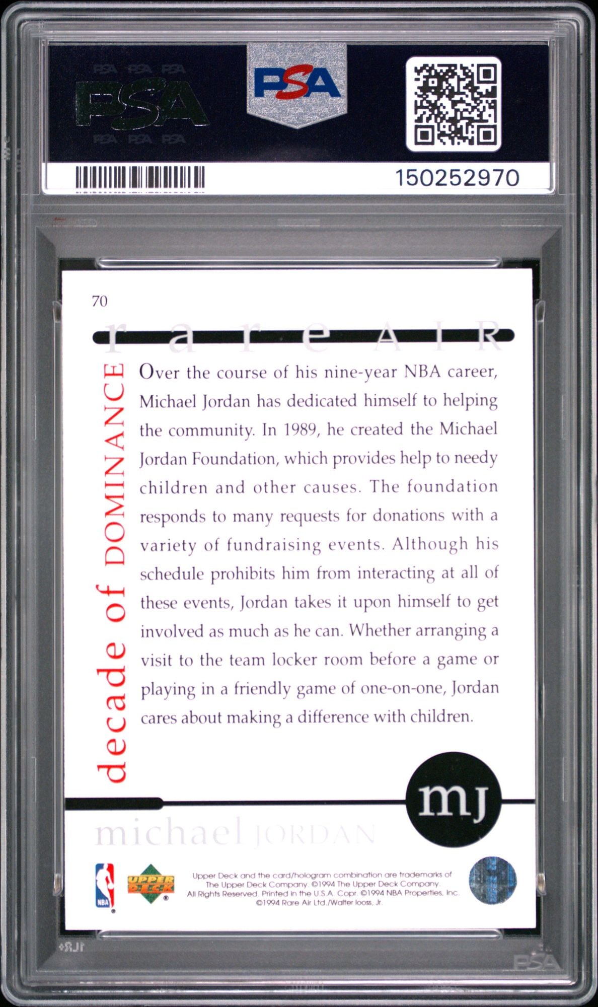 Graded 1994 Upper Deck UD Michael Jordan #70 Rare Air Basketball Card PSA 10 Gem Mint