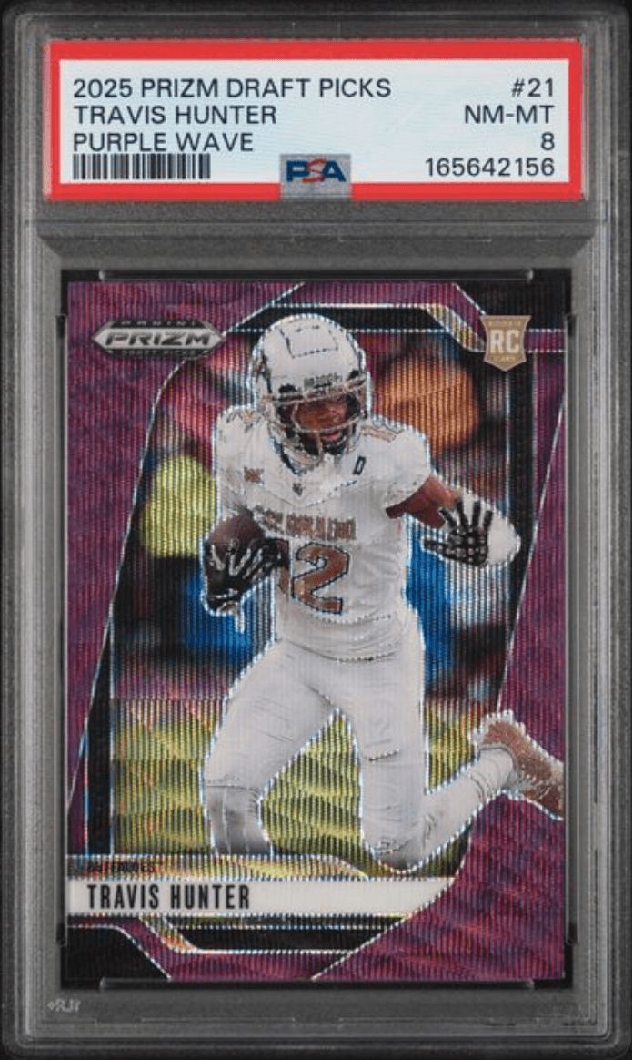 Graded 2025 Panini Prizm Draft Picks Travis Hunter #21 Purple Wave Rookie RC Football Card PSA 8 Near Mint