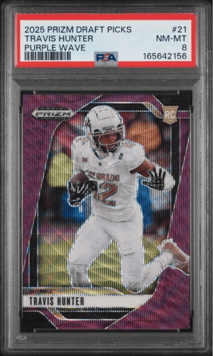 Graded 2025 Panini Prizm Draft Picks Travis Hunter #21 Purple Wave Rookie RC Football Card PSA 8 Near Mint
