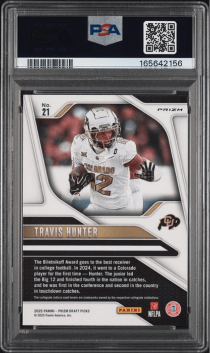 Graded 2025 Panini Prizm Draft Picks Travis Hunter #21 Purple Wave Rookie RC Football Card PSA 8 Near Mint
