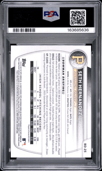 Graded 2025 Topps Bowman Draft Seth Hernandez #BD25 Rookie RC Baseball Card PSA 8 Near Mint
