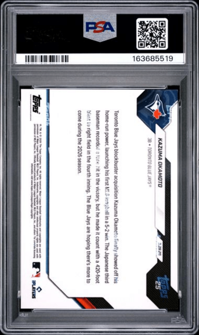 Graded 2026 Topps Now Kazuma Okamoto #25 Rookie RC Baseball Card PSA 10 Gem Mint