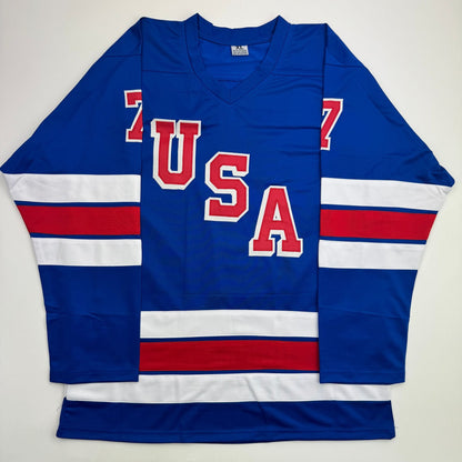 Autographed/Signed Brady Tkachuk USA United States 2026 Olympics Gold Medal Blue Hockey Jersey JSA COA