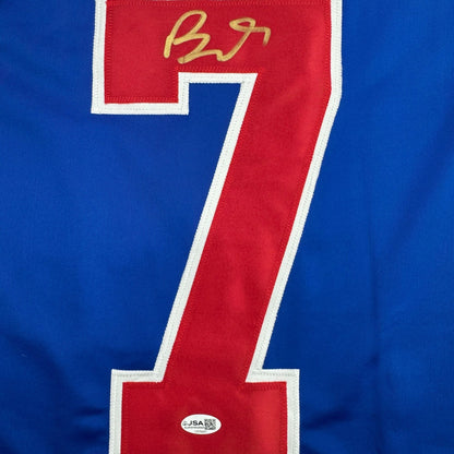 Autographed/Signed Brady Tkachuk USA United States 2026 Olympics Gold Medal Blue Hockey Jersey JSA COA