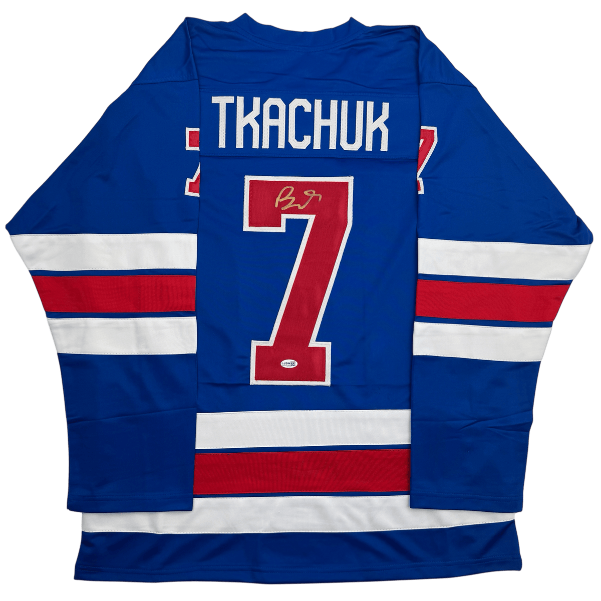 Autographed/Signed Brady Tkachuk USA United States 2026 Olympics Gold Medal Blue Hockey Jersey JSA COA