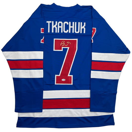 Autographed/Signed Brady Tkachuk USA United States 2026 Olympics Gold Medal Blue Hockey Jersey JSA COA