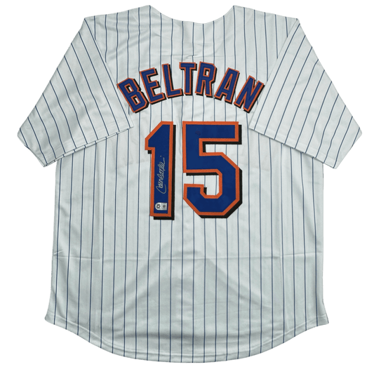 Autographed/Signed Carlos Beltran New York Pinstripe Baseball Jersey Beckett BAS COA