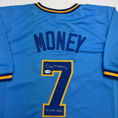 Autographed/Signed Don Money w/ 4x All Star Milwaukee Light Blue Baseball Jersey JSA COA