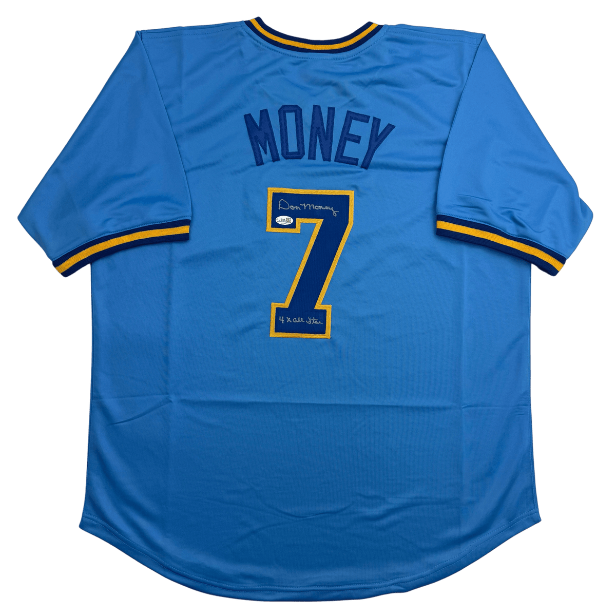 Autographed/Signed Don Money w/ 4x All Star Milwaukee Light Blue Baseball Jersey JSA COA