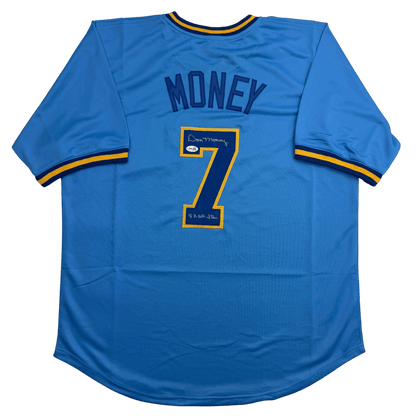 Autographed/Signed Don Money w/ 4x All Star Milwaukee Light Blue Baseball Jersey JSA COA