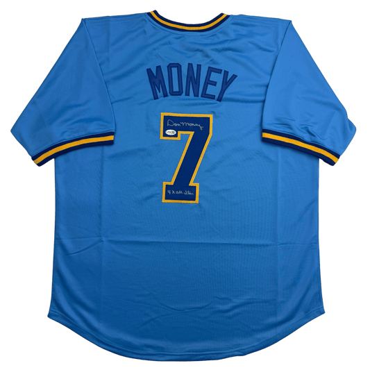 Autographed/Signed Don Money w/ 4x All Star Milwaukee Light Blue Baseball Jersey JSA COA