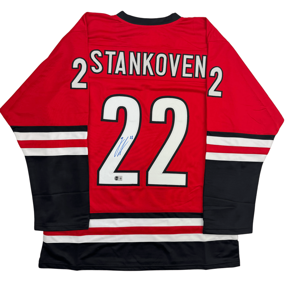Autographed/Signed Logan Stankoven Carolina Red Hockey Jersey Beckett BAS COA