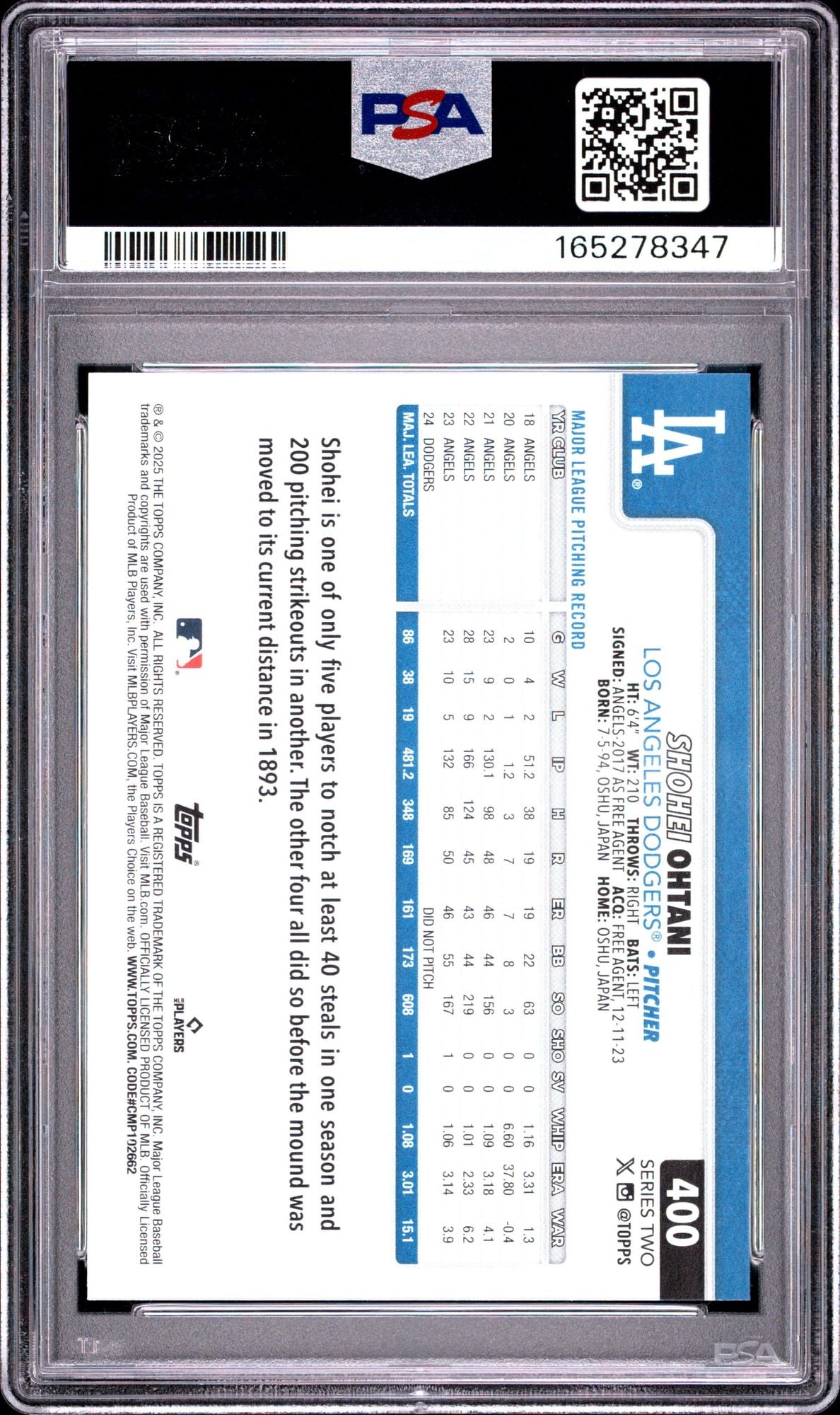 Graded 2025 Topps Series Two Shohei Ohtani #400 Baseball Card PSA 10 Gem Mint