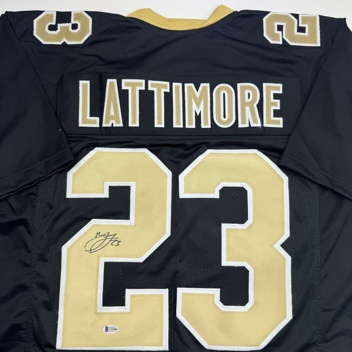 Autographed/Signed Marshon Lattimore New Orleans Black Football Jersey Beckett BAS COA