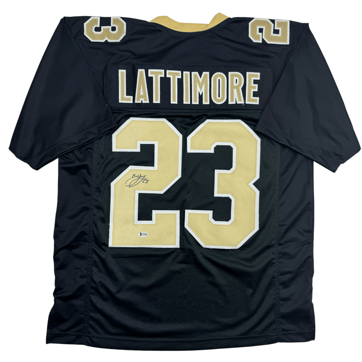 Autographed/Signed Marshon Lattimore New Orleans Black Football Jersey Beckett BAS COA