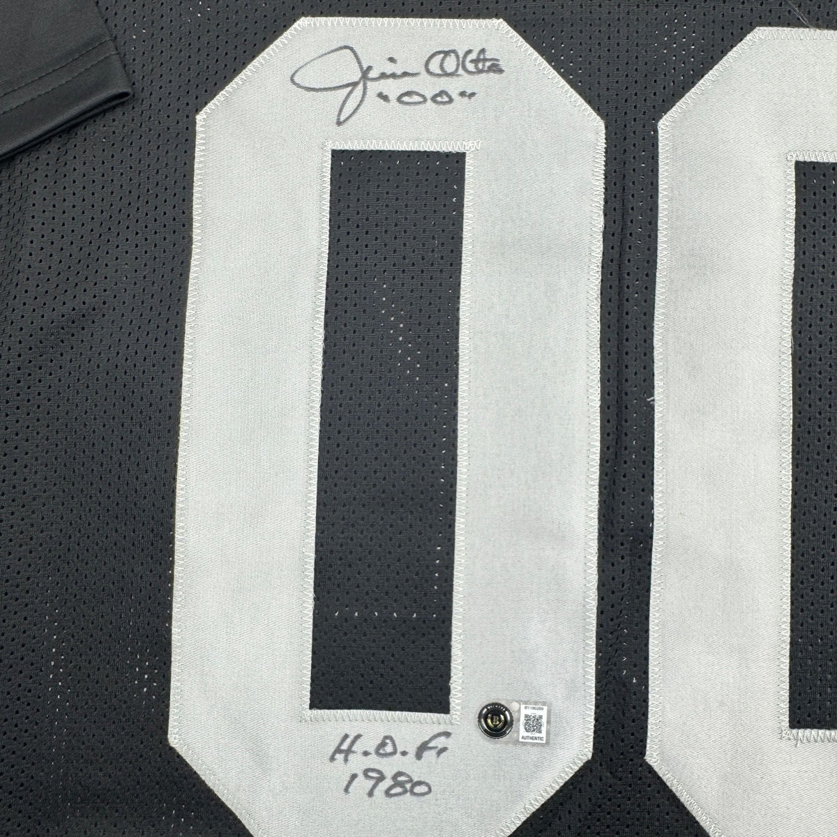 Autographed/Signed Jim Otto w/ HOF 1980 Oakland Black Football Jersey Beckett BAS COA