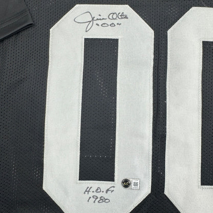 Autographed/Signed Jim Otto w/ HOF 1980 Oakland Black Football Jersey Beckett BAS COA