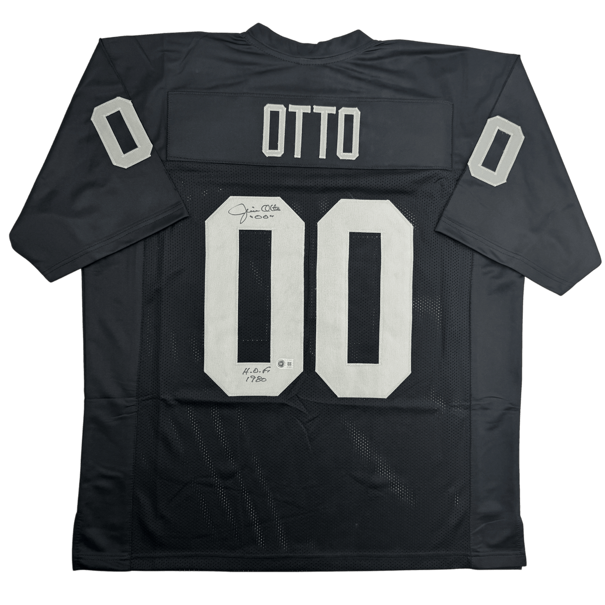 Autographed/Signed Jim Otto w/ HOF 1980 Oakland Black Football Jersey Beckett BAS COA