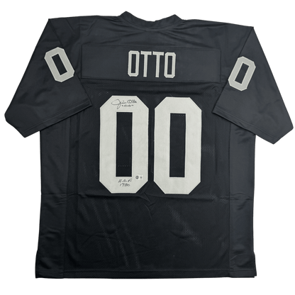 Autographed/Signed Jim Otto w/ HOF 1980 Oakland Black Football Jersey Beckett BAS COA