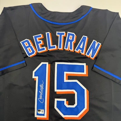 Autographed/Signed Carlos Beltran New York Black Baseball Jersey Beckett BAS COA