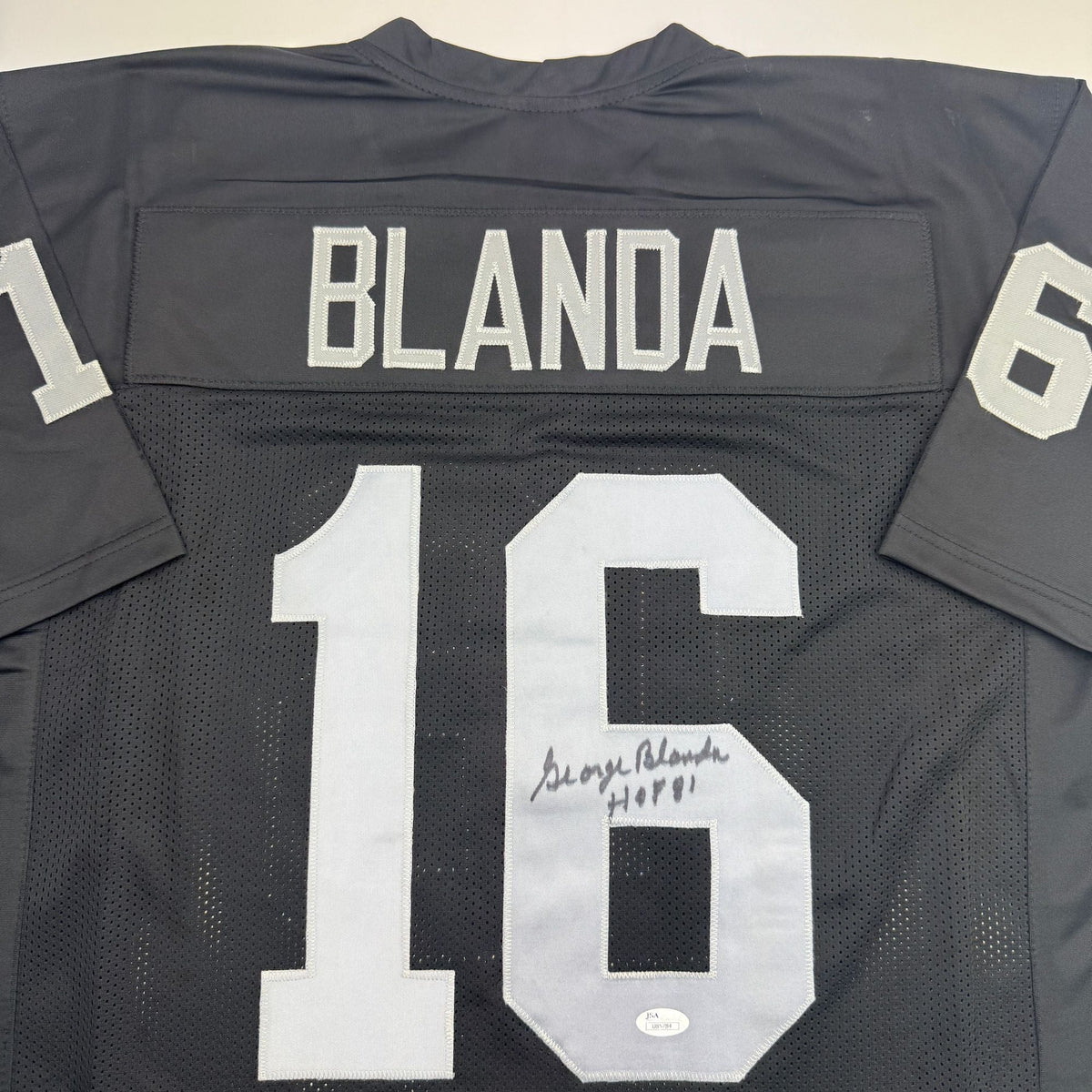 Autographed/Signed George Blanda w/ HOF 81 Oakland Black Football Jersey JSA COA