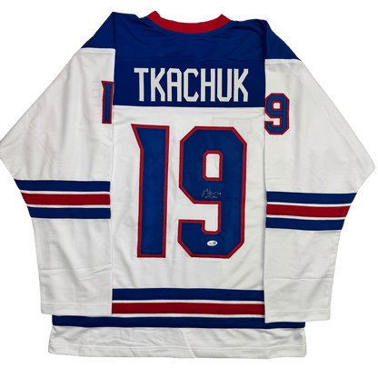 Autographed/Signed Matthew Tkachuk USA United States 2026 Olympics Gold Medal White Hockey Jersey JSA COA