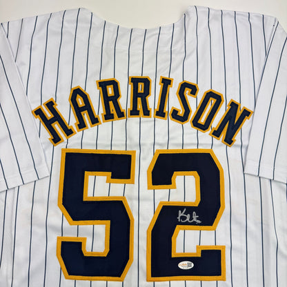 Autographed/Signed Kyle Harrison Milwaukee Pinstripe Baseball Jersey JSA COA