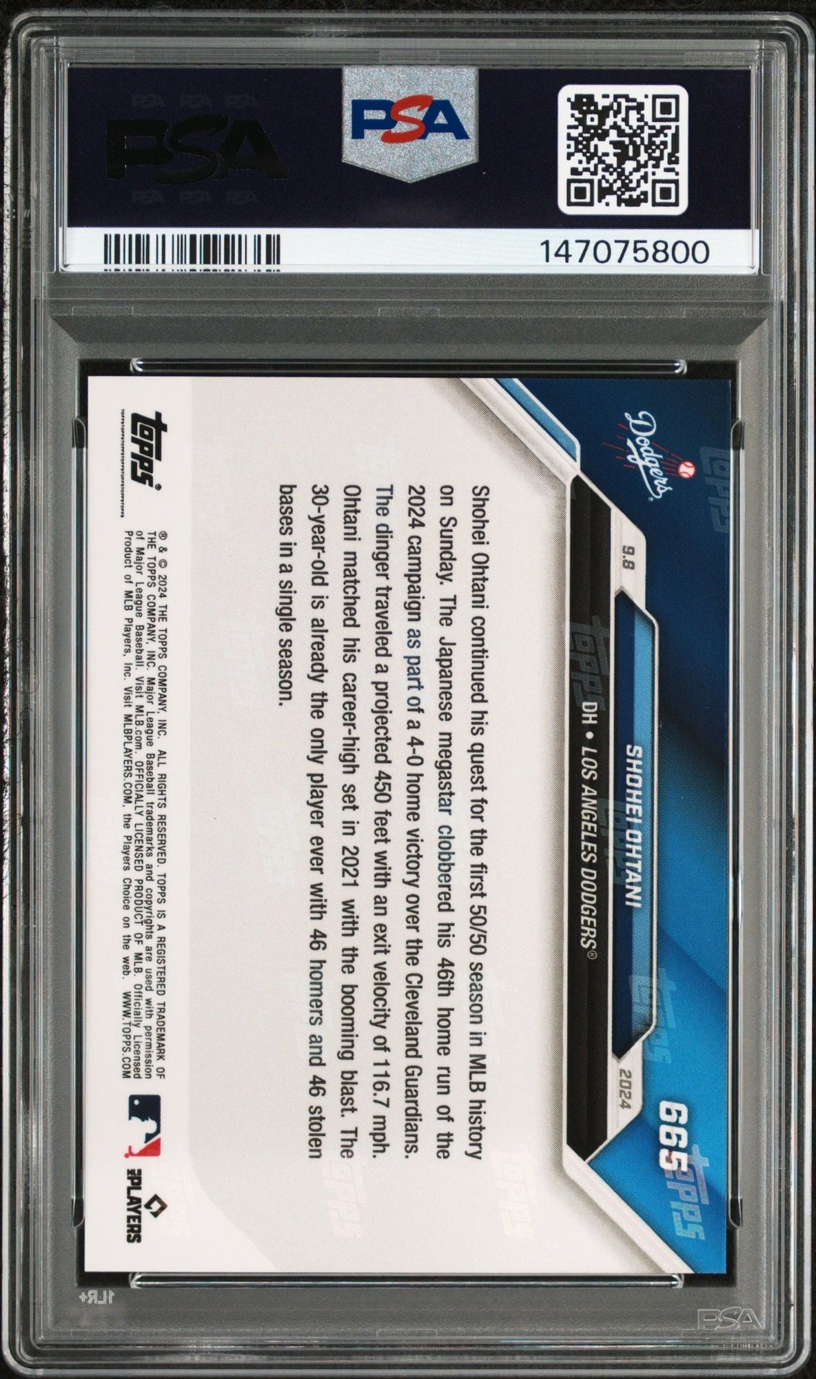 Graded 2024 Topps Now Shohei Ohtani #665 Clobbers 46th HR Baseball Card PSA 10 Gem Mint