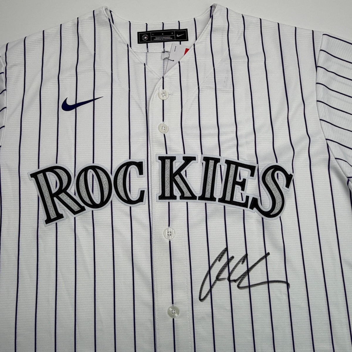 Autographed/Signed Charlie Condon Colorado Rockies Pinstripe Authentic Baseball Jersey Fanatics & MLB COA