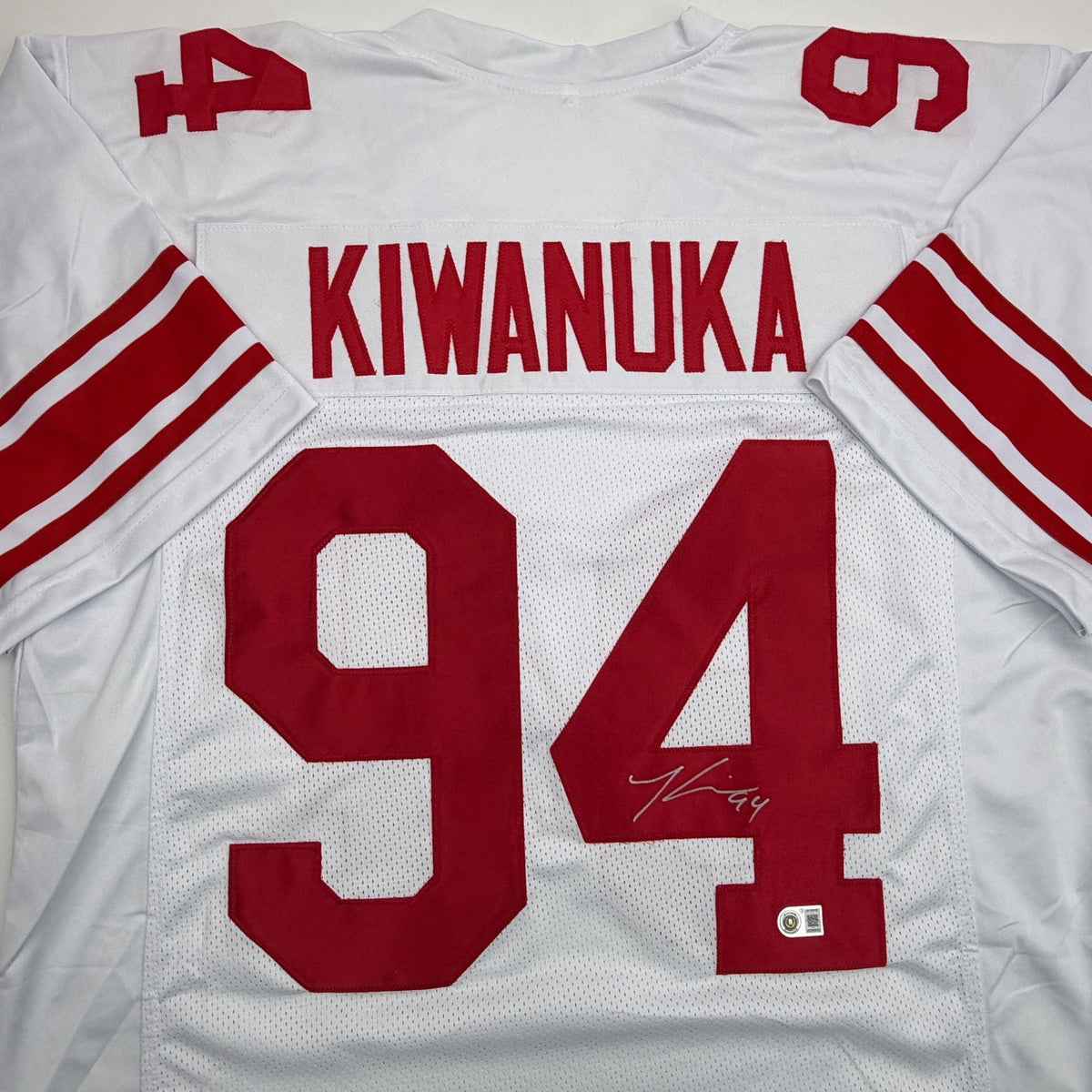Autographed/Signed Mathias Kiwanuka New York White Football Jersey Beckett BAS COA