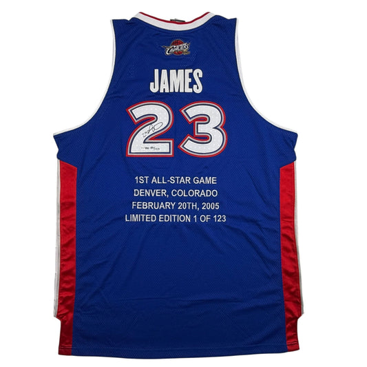 Autographed/Signed LeBron James Cleveland Cavaliers 2005 1st All-Star Game Blue Stat LE/123 Basketball Jersey Upper Deck UDA COA