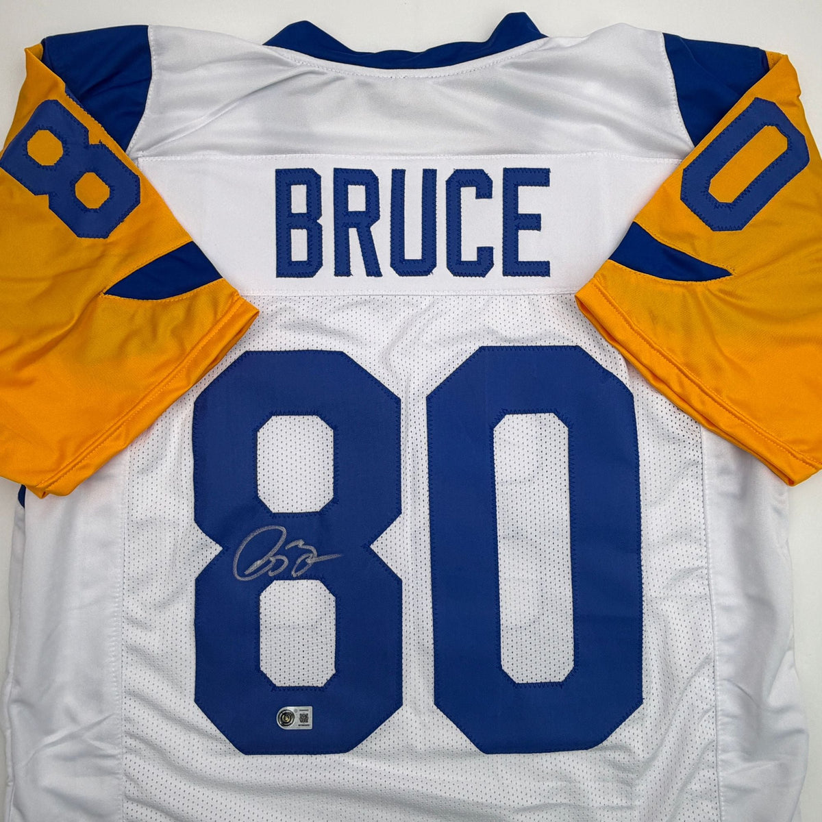Autographed/Signed Isaac Bruce Los Angeles LA White Football Jersey Beckett BAS COA