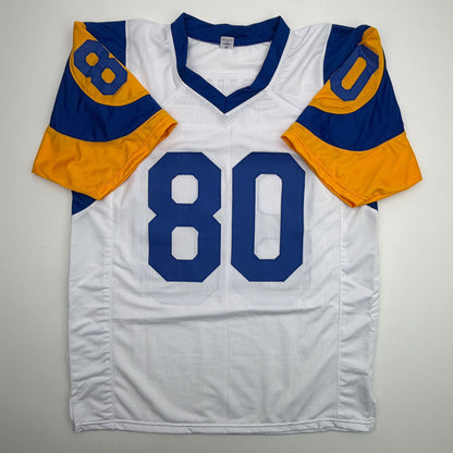 Autographed/Signed Isaac Bruce Los Angeles LA White Football Jersey Beckett BAS COA